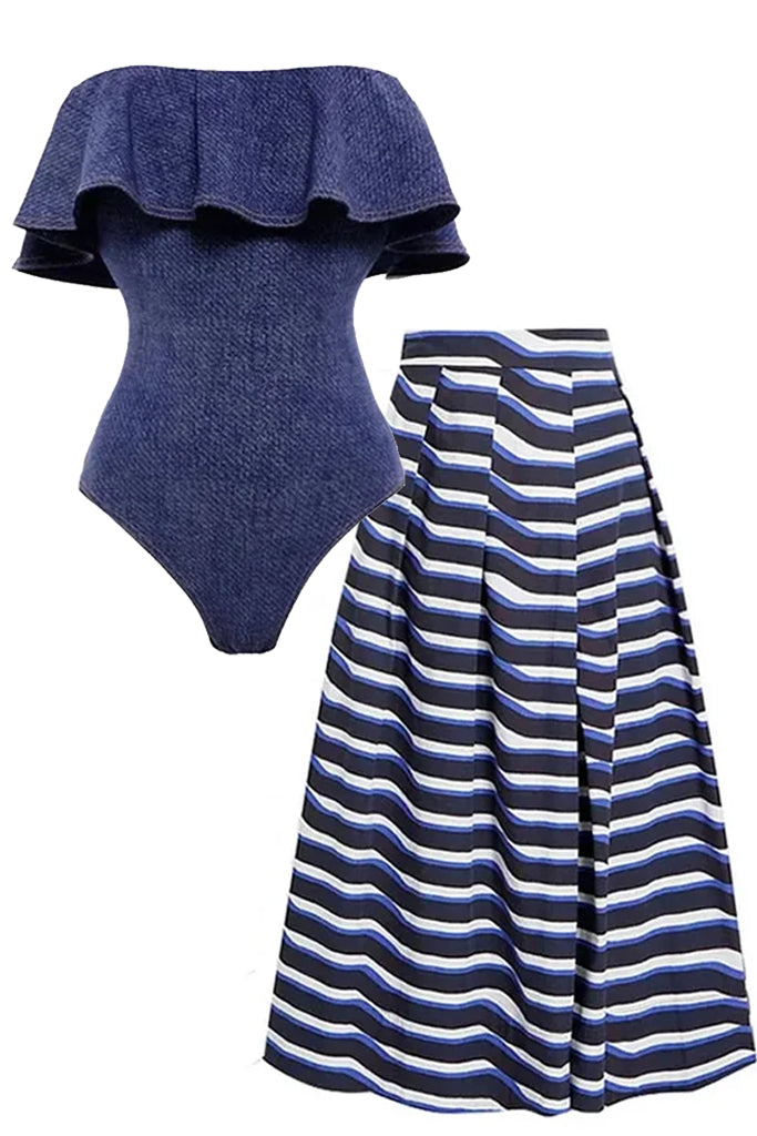 COCO FAREL BEACHWEAR Meredith Μπλε Ολόσωμο Μαγιό και Παρεό Φούστα | Γυναικεία Μαγιό Παρεό - Ολόσωμα - Swimwear | Meredith Blue One Piece Swimsuit with Pareo Skirt