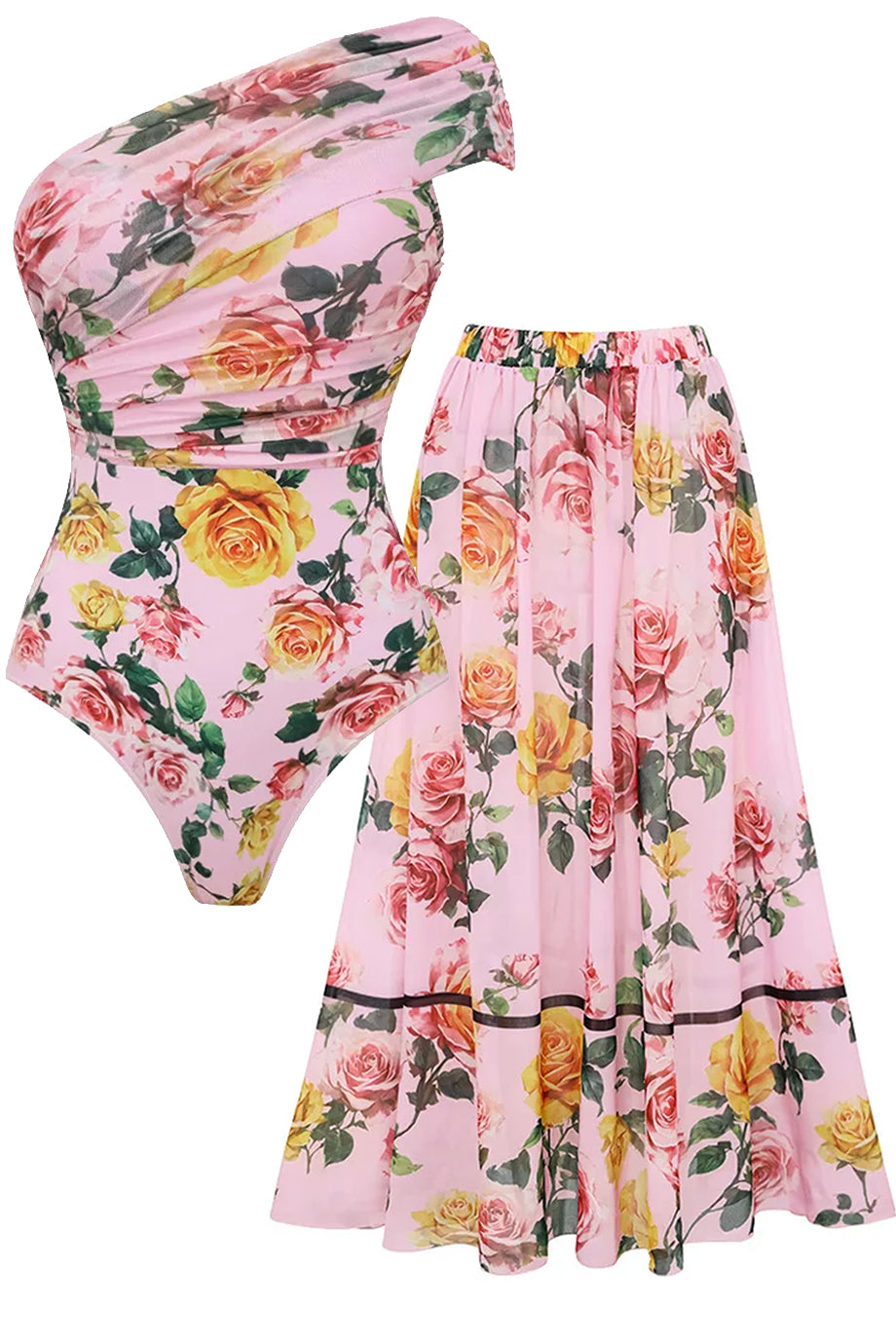 Liore Ροζ Φλοράλ Ολόσωμο Μαγιό με Έναν Ώμο και Φούστα Παρεό Σετ | Μαγιό - Ολόσωμα - Swimwear One Piece | Liore Pink Floral One Shoulder Swimsuit with Pareo Skirt Set