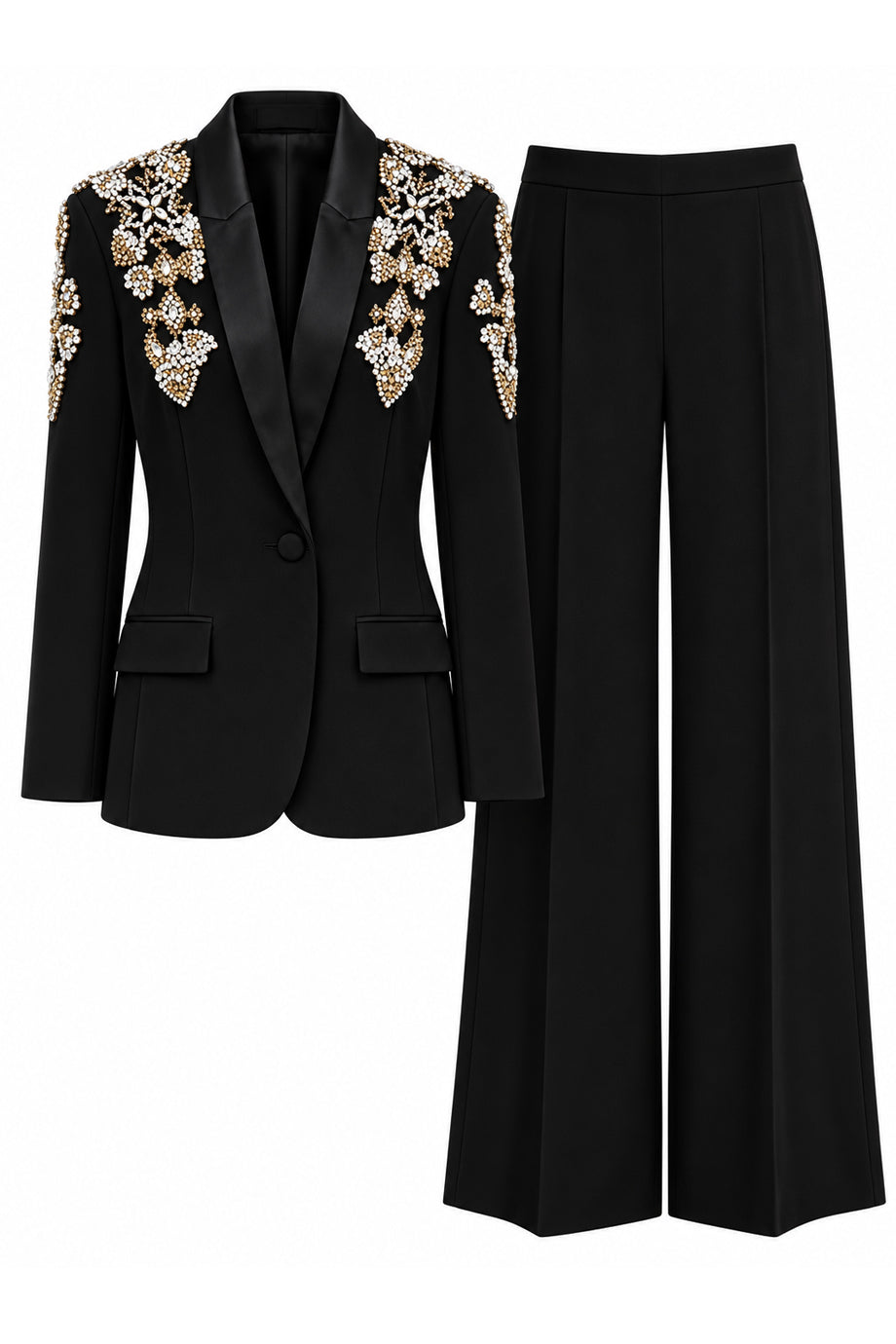Vespera Black Blazer & Wide-Leg Trousers Set with Crystal Details