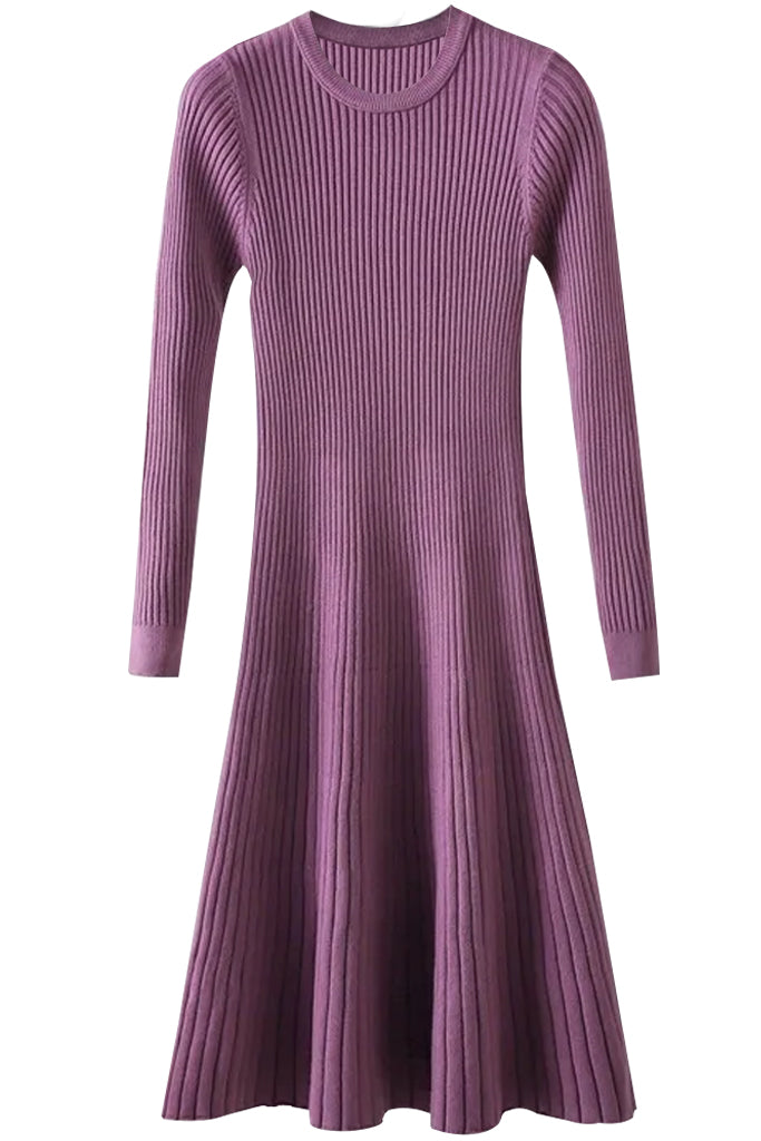 purple knit midi dress Purple Ribbed Knit Collared Wrap Midi Dress