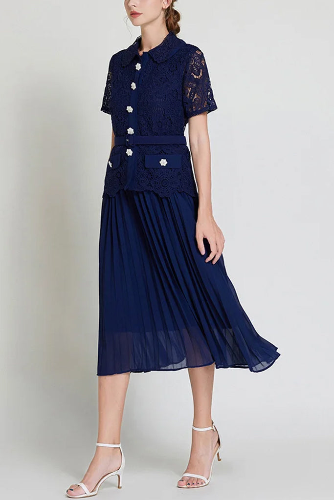 Daleyza Blue Dress Set with Lace and Pleats