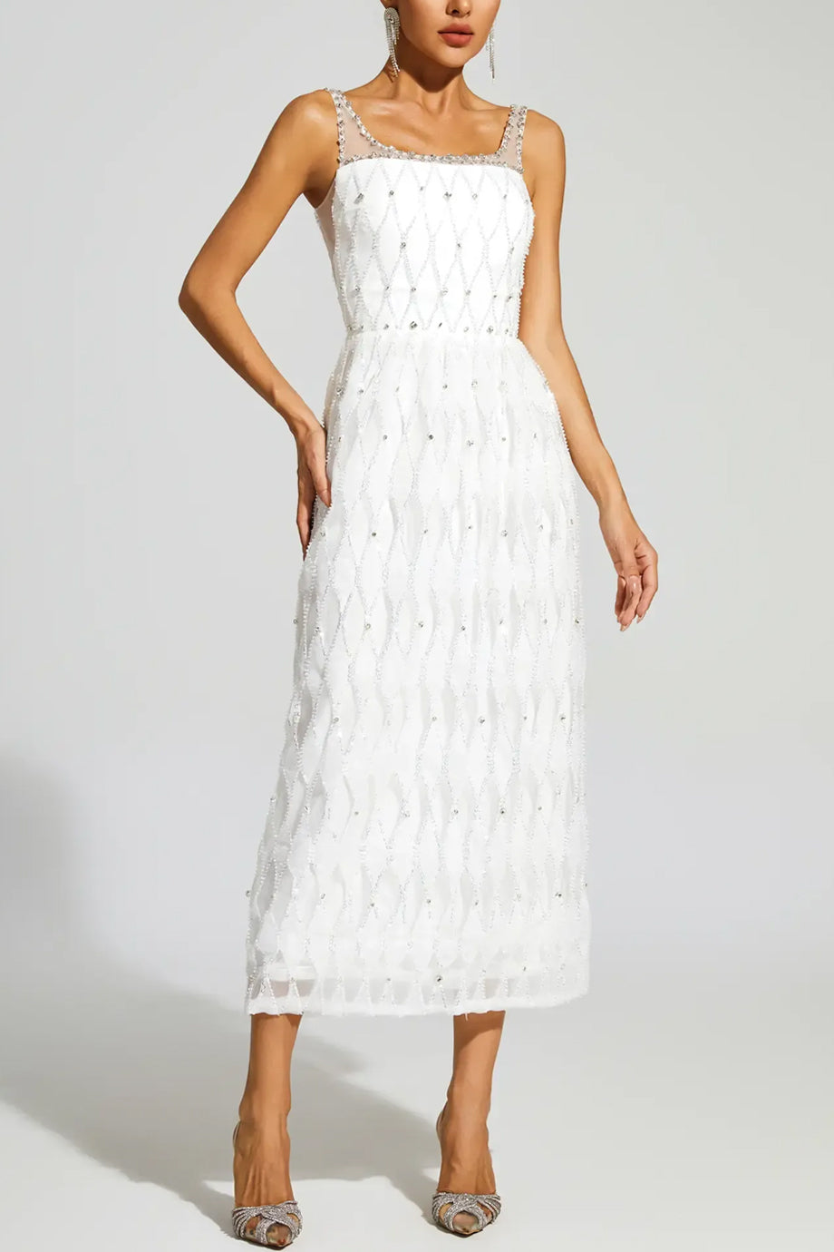 knee length dresses for ladies White V-Neck Long Sleeve Fit & Flare Midi Dress main image 1