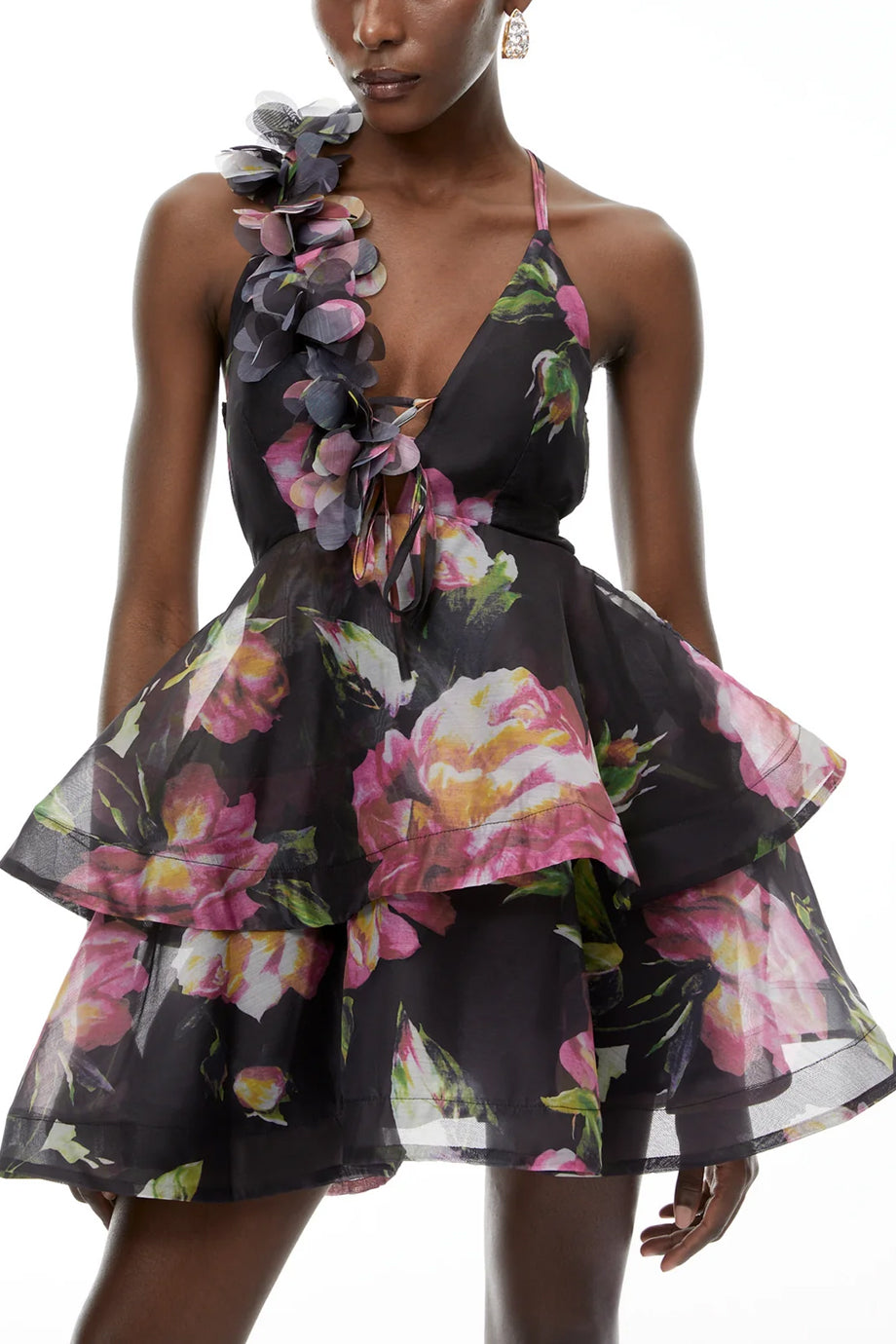 Chione Φλοράλ Μίνι Φόρεμα με Βολάν και Ανοικτή Πλάτη | Βραδινά Φορέματα Evening Dresses | Chione Floral Mini Dress with Asymmetric Strap and Layered Ruffle Skirt