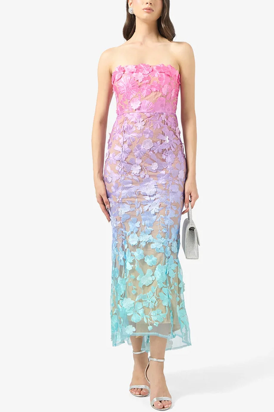 Evania Στράπλες Φόρεμα με Φλοράλ Δαντέλα και Ombre Χρώματα | Βραδινά Φορέματα - Evening Dresses | Evania Strapless Ombre Floral Lace Evening Dress