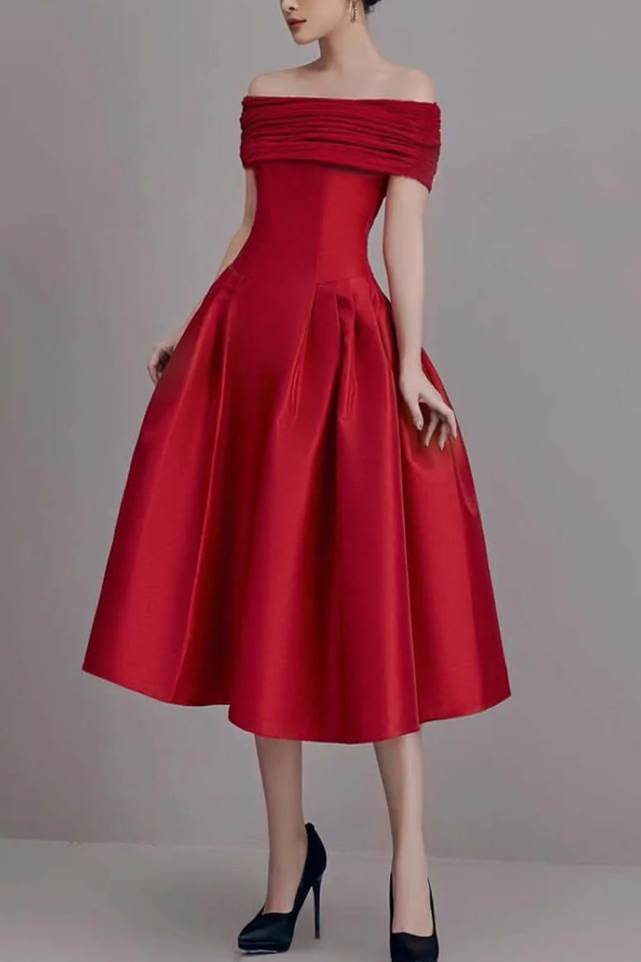 Carmina Red Off-Shoulder Midi Dress | Women's Dresses