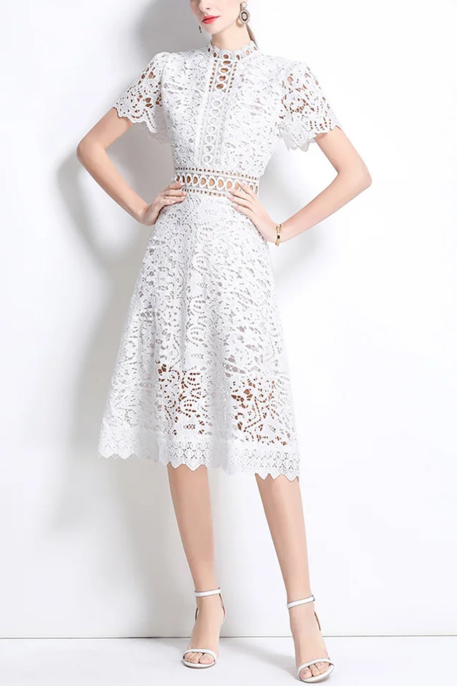 Theline Midi Lace Dress with Short Sleeves White / S Theline Midi Lace Dress with Short Sleeves White / S