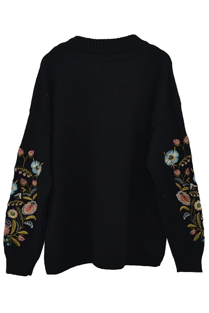 Kerin Μαύρο Πουλόβερ με Κέντημα Λουλουδιών | Γυναικεία Ρούχα - Μπλούζες - Πουλόβερ -  Πλεκτά