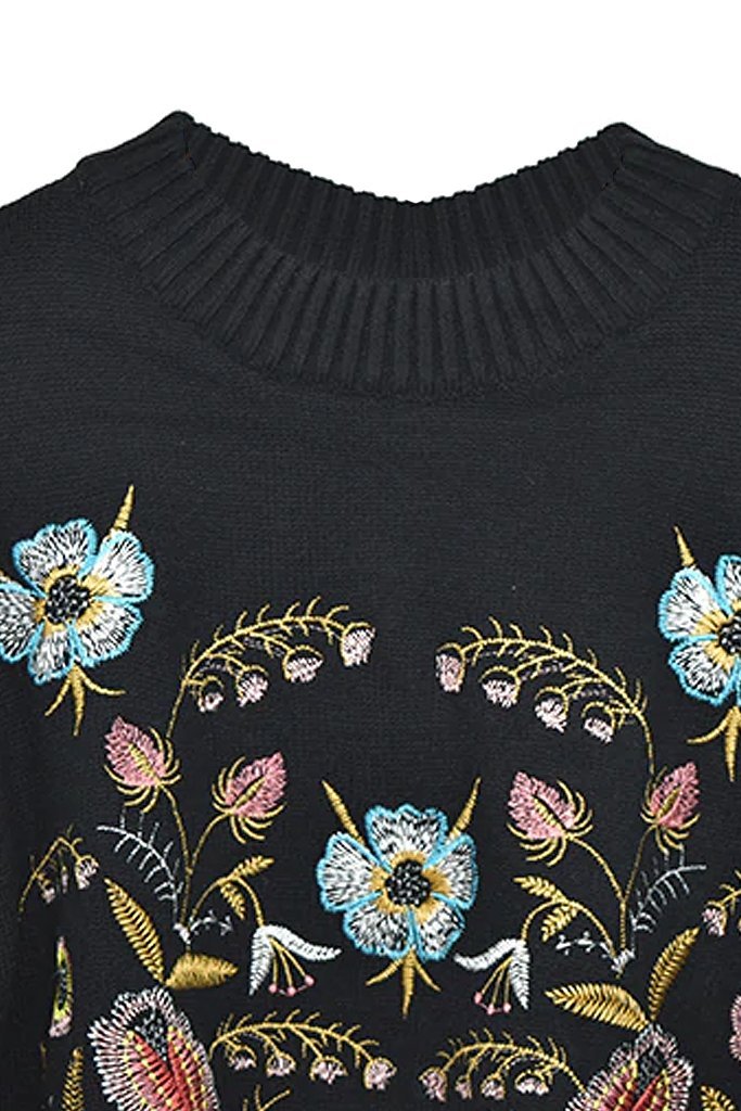 Kerin Μαύρο Πουλόβερ με Κέντημα Λουλουδιών | Γυναικεία Ρούχα - Μπλούζες - Πουλόβερ -  Πλεκτά