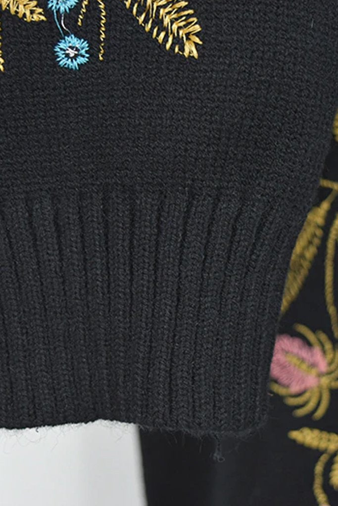 Kerin Μαύρο Πουλόβερ με Κέντημα Λουλουδιών | Γυναικεία Ρούχα - Μπλούζες - Πουλόβερ -  Πλεκτά