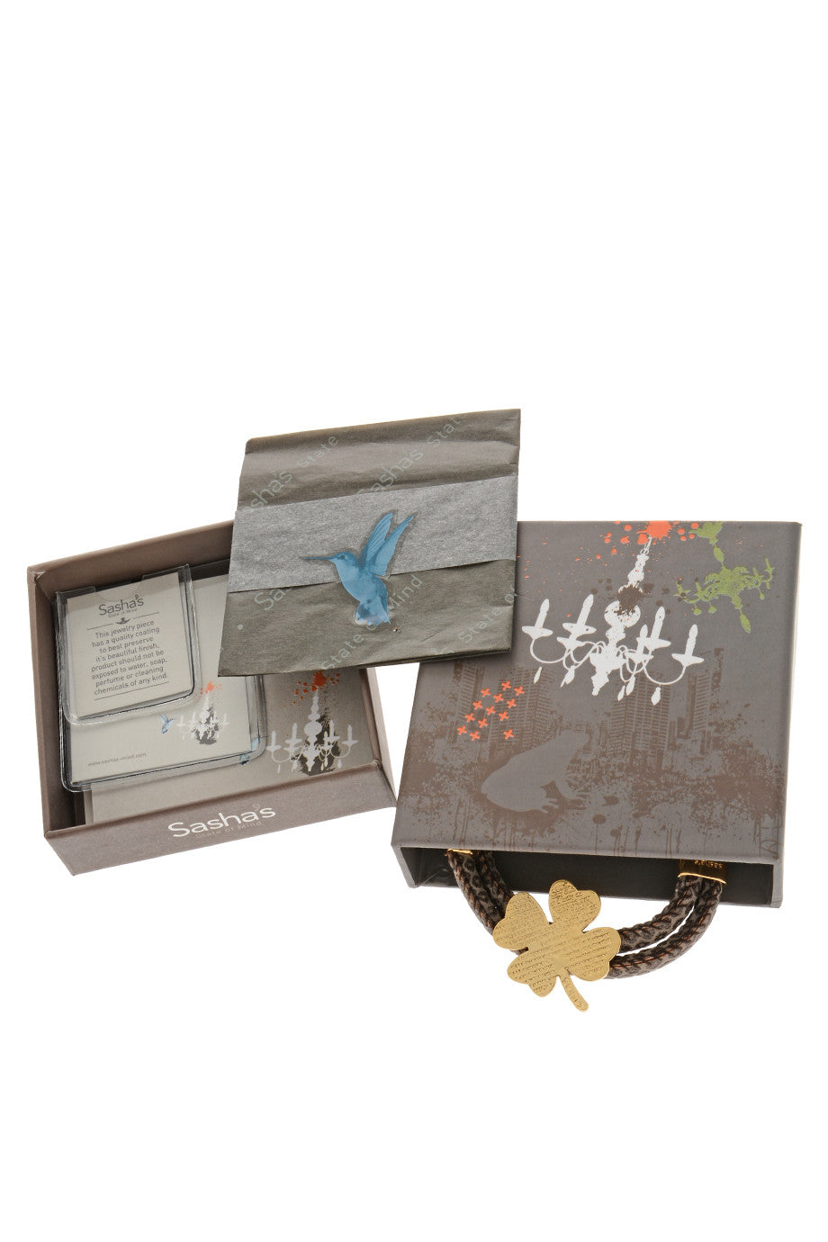 Γκρι Καφέ Δερμάτινο Βραχιόλι με Τριφύλλι - Sasha's | Κοσμήματα