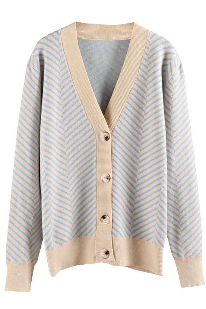 Fishbone Knitted Light Blue Herringbone Cardigan 