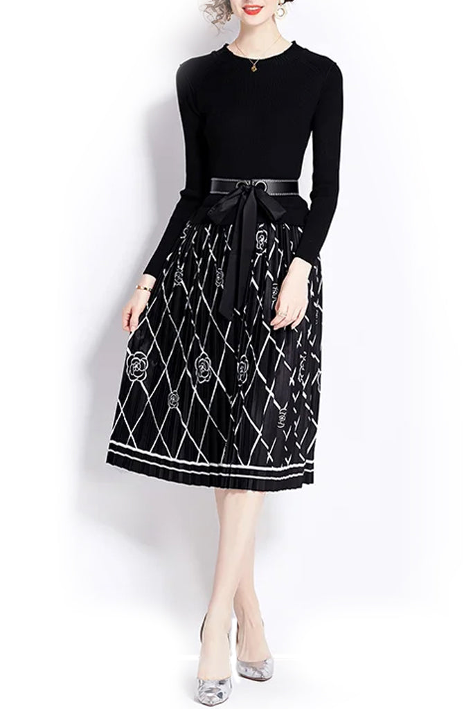 Solacia Black Printed Dress with Belt