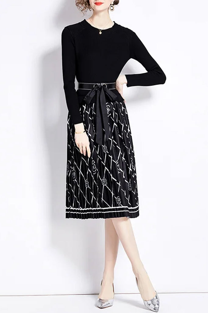 Solacia Black Printed Dress with Belt