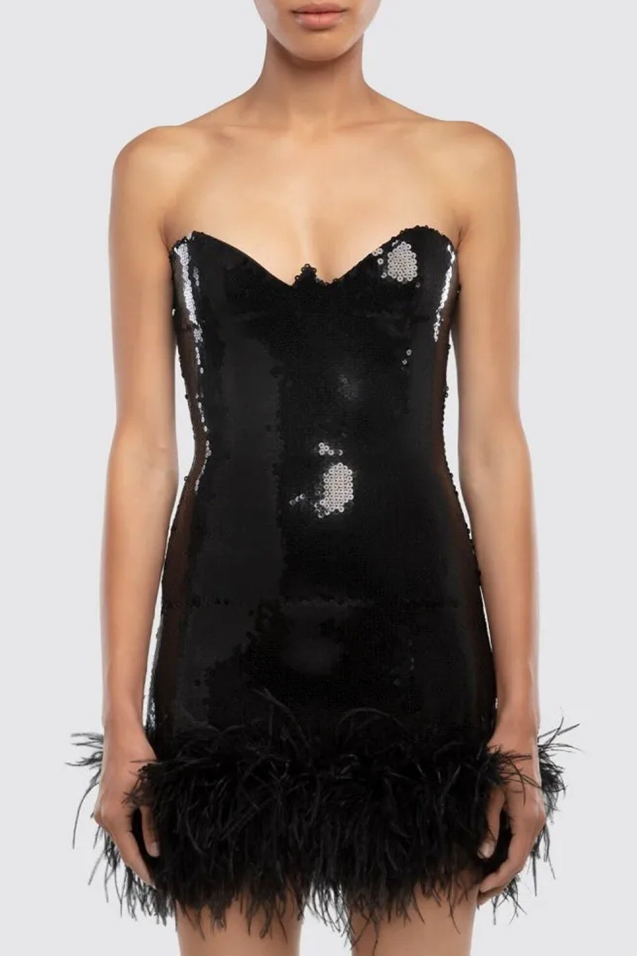 Elyndra Στραπλες Φόρεμα με Παγιέτες και Φτερά | Βραδινά Φορέματα Evening Dresses | Elyndra Sequined Strapless Dress with Feather Trim