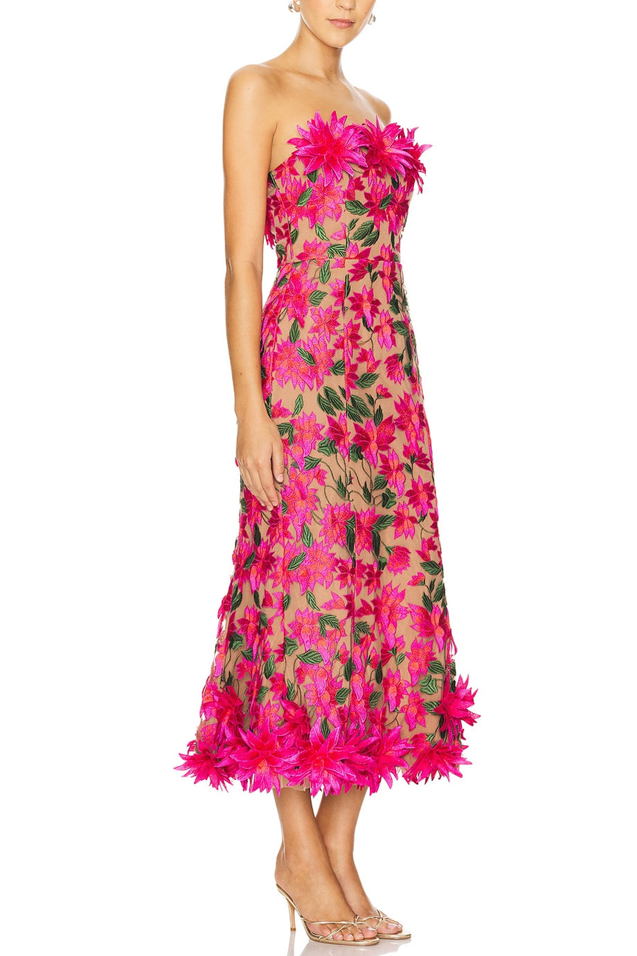 Virelle Φούξια Στράπλες Φόρεμα με Φλοράλ Δαντέλα και Λουλούδια | Βραδινά Φορέματα - Evening Dresses | Virelle Fuchsia Strapless Floral Lace Evening Dress