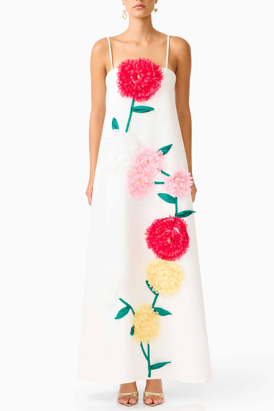 Cameliane Φλοράλ Μάξι Φόρεμα με Τιράντες και Λουλούδια | Γυναικεία Φορέματα - dresses| Cameliane Floral Maxi Dress with Straps and 3D Flower Appliqué