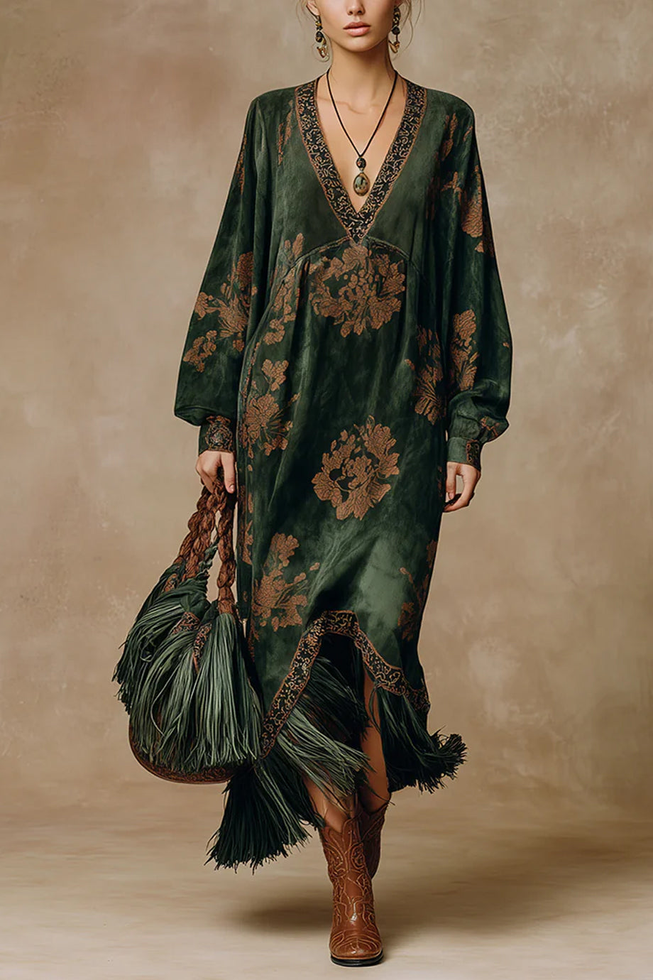 Almendra Εμπριμέ Μάξι Φόρεμα Καφτάνι με Κρόσσια | Καφτάνια Κιμονό Ριχτά Φορέματα - Beachwear - Loungewear | Almendra Maxi Printed Kaftan Dress with Tassels