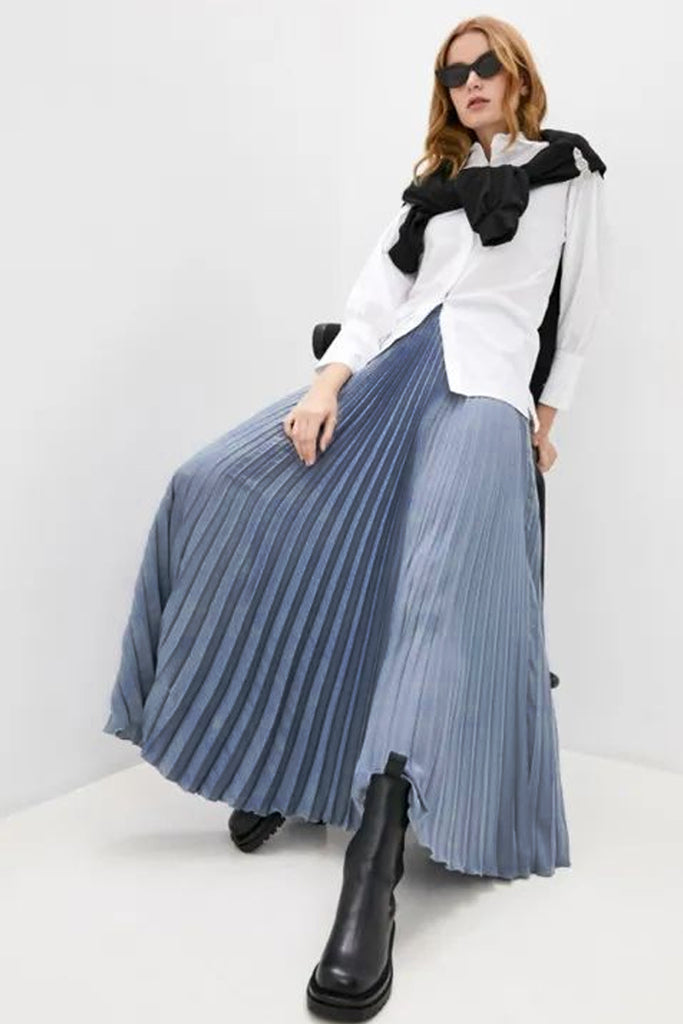 Biker Blue Maxi Pleated Skirt