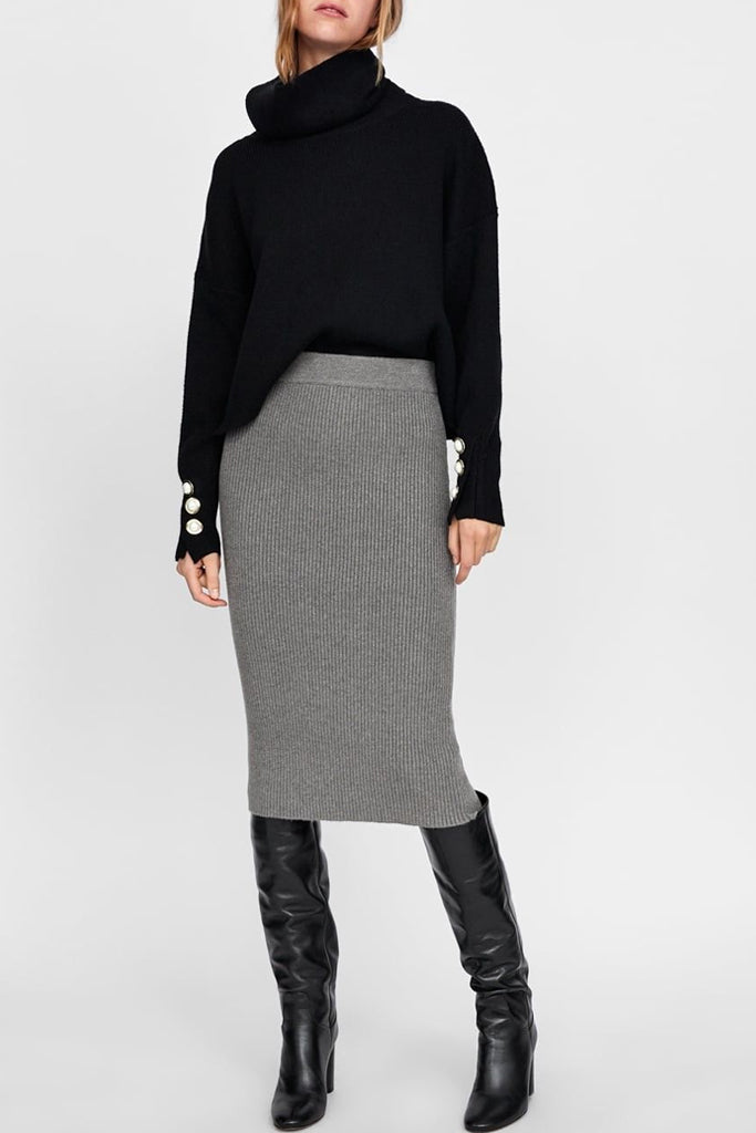 Dolphy Γκρι Πλεκτή Φούστα με Ρίγα | Φούστες - Skirts | Dolphy Grey Knit Ribbed Skirt