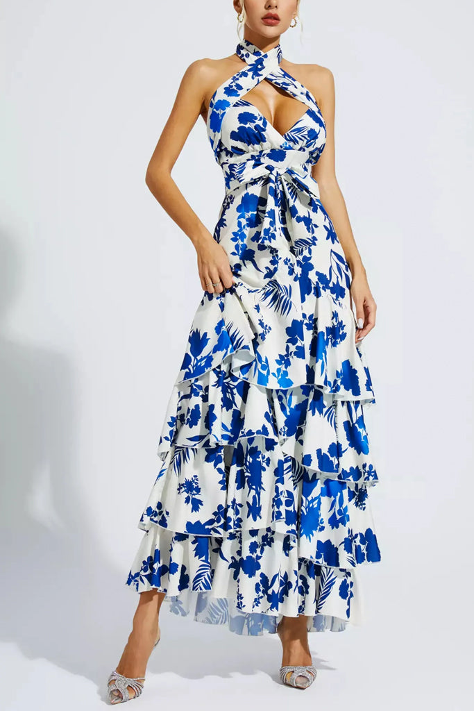 Thalassa Φλοράλ Φόρεμα με Βολάν | Φορέματα Dresses | Thalassa Blue Floral Halter Dress