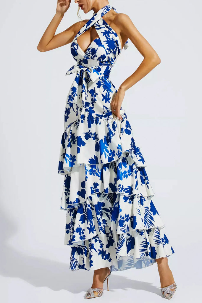 Thalassa Φλοράλ Φόρεμα με Βολάν | Φορέματα Dresses | Thalassa Blue Floral Halter Dress