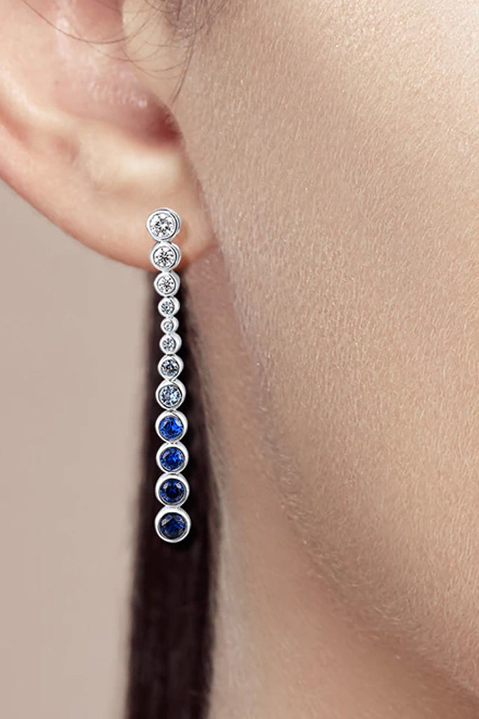 Taylor Long Silver Earrings with Crystals and Blue Spinel Gemstones