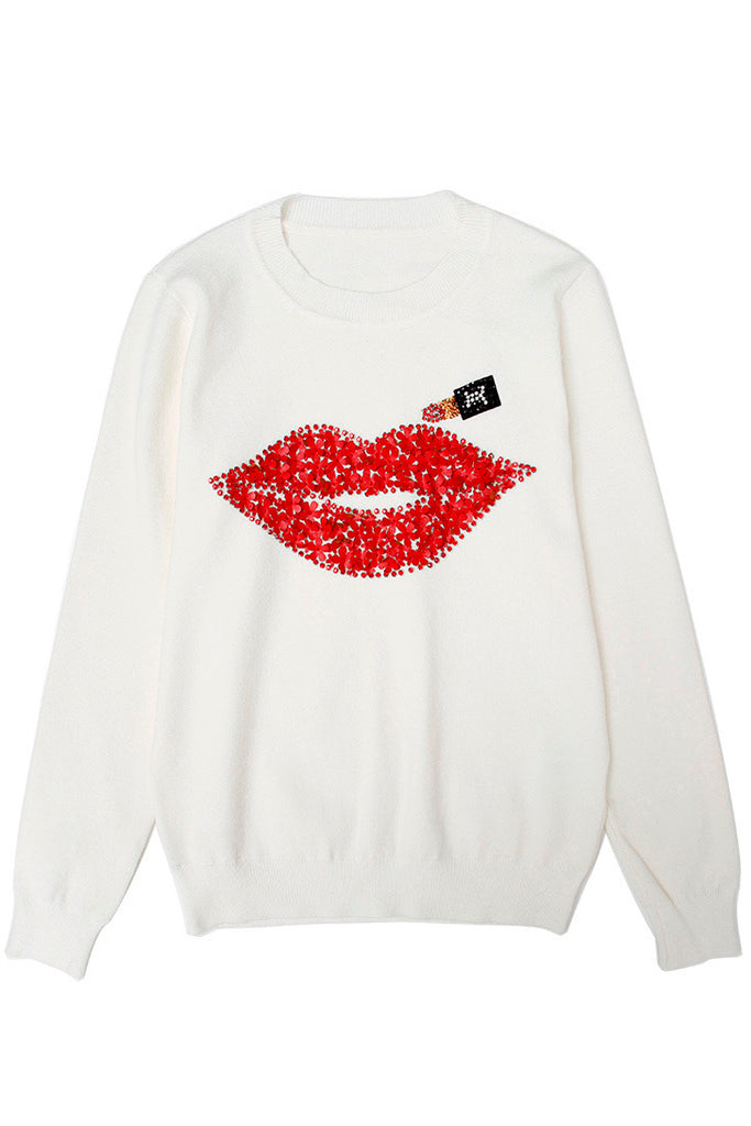 Red Lips Black Patterned Sweater