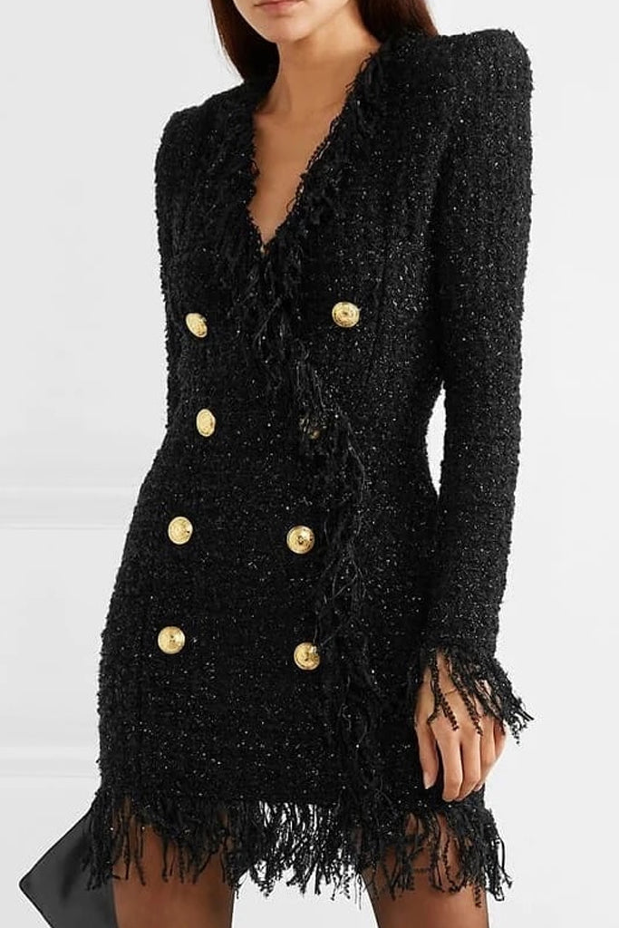 Adaria Black Tweed Fringe Mini Dress Jacket