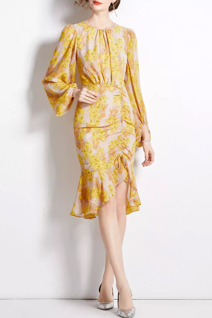 Tamia Yellow Gray Printed Dress