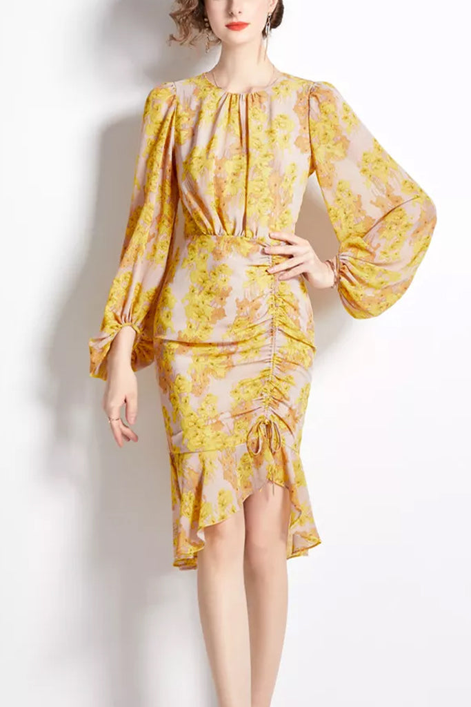 Tamia Yellow Gray Printed Dress