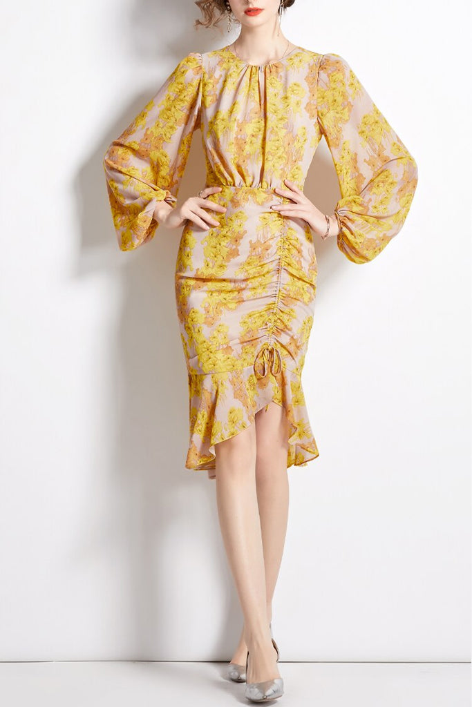 Tamia Yellow Gray Printed Dress