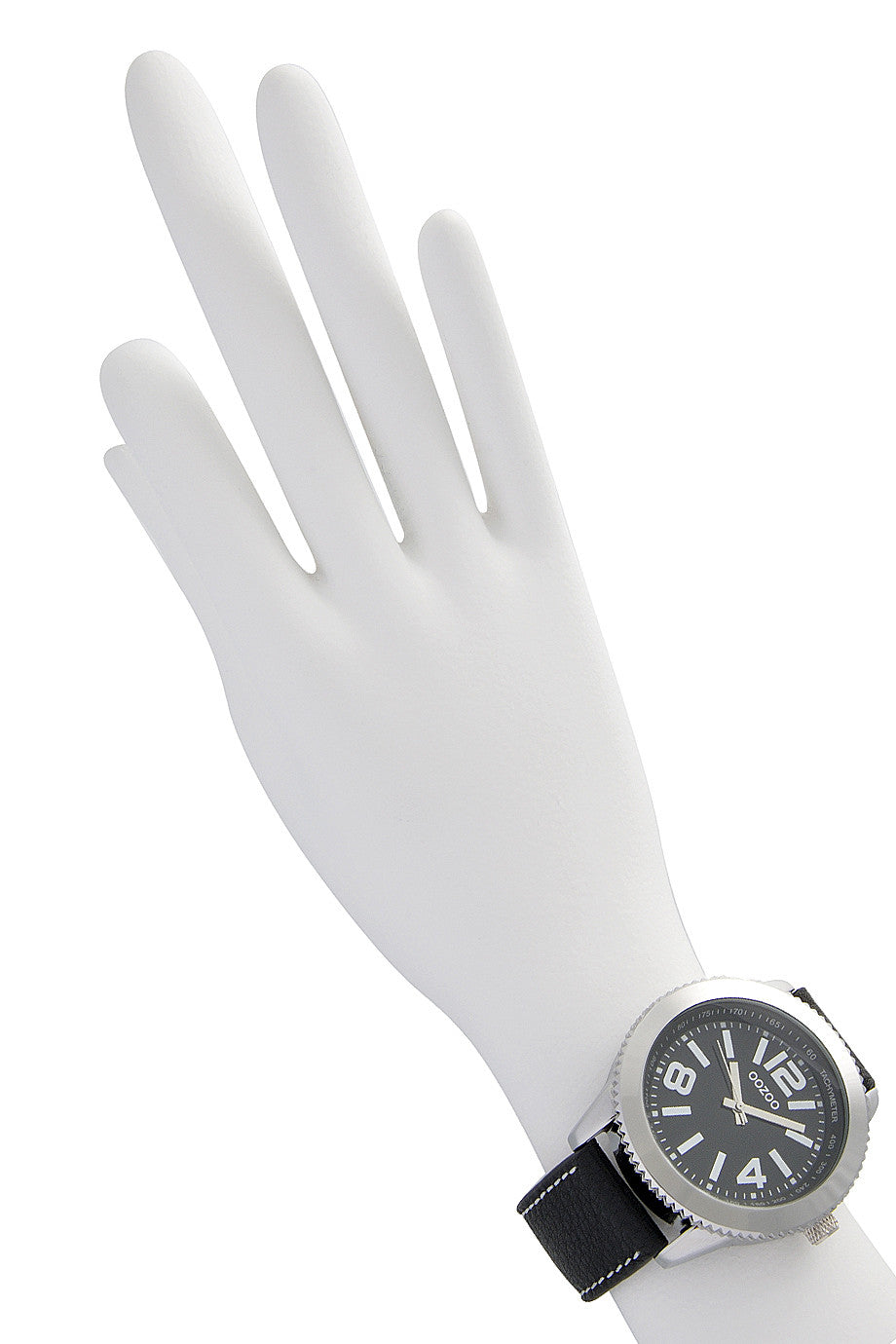 C3844 Silver Watch with Black Leather Strap